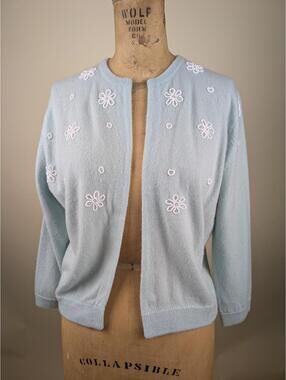 1980's baby blue floral beading cashmere cardigan sweater